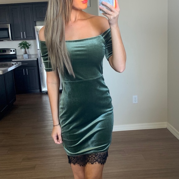 New Anthropologie Olive Velvet Off Shoulder Dress - Picture 5 of 6